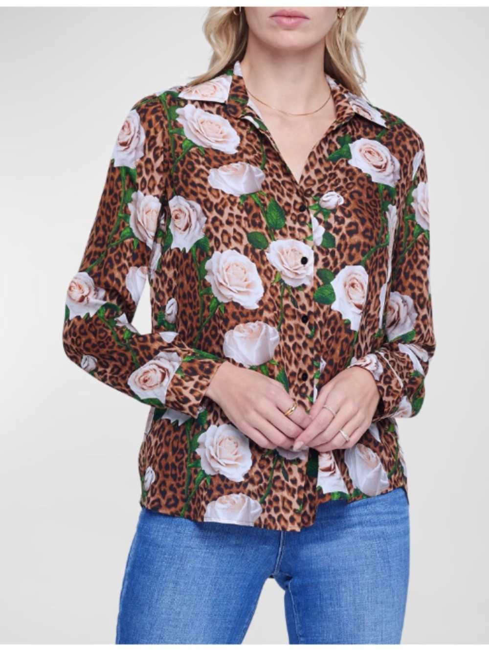 L'AGENCE | Leopard Print & Rose Floral Silk Blouse | Size S